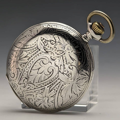 1910年頃 アンティーク オメガ 懐中時計 花彫刻 銀側ハンターケース 動作良好